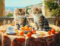 Два пушистых котика и апельсины на столе