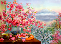 Китайский чай и цветущая сакура в красивой вазе