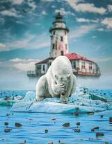 Белый медведь на фоне маяка