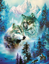 Пушистые серые волки в зимнем лесу