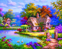 Каменные домики возле небольшого озера с лебедями