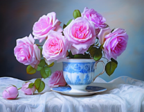 Букет розовых роз в фарфоровой вазе